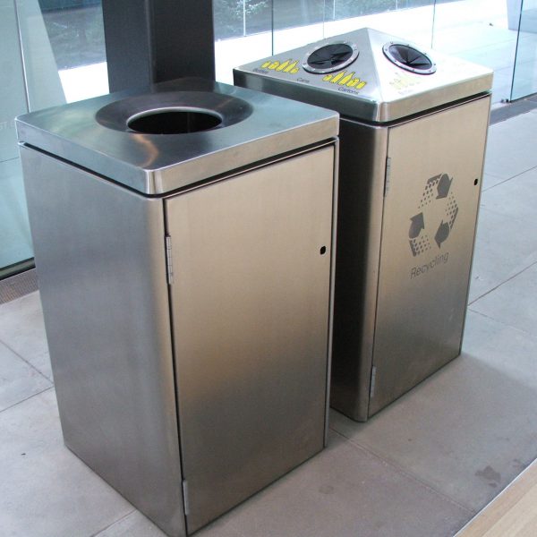 All stainless steel Rubbish/Recycle bins with Custom Logos