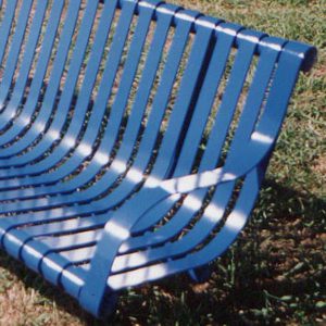 Curved steel slat park seat with armrests