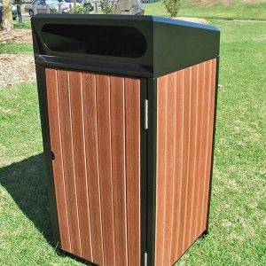 Bin enclosure with sloped frogmouth cover and timber panels