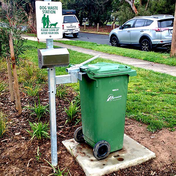 Dog Waste Station with dispenser and wheelie bin security post