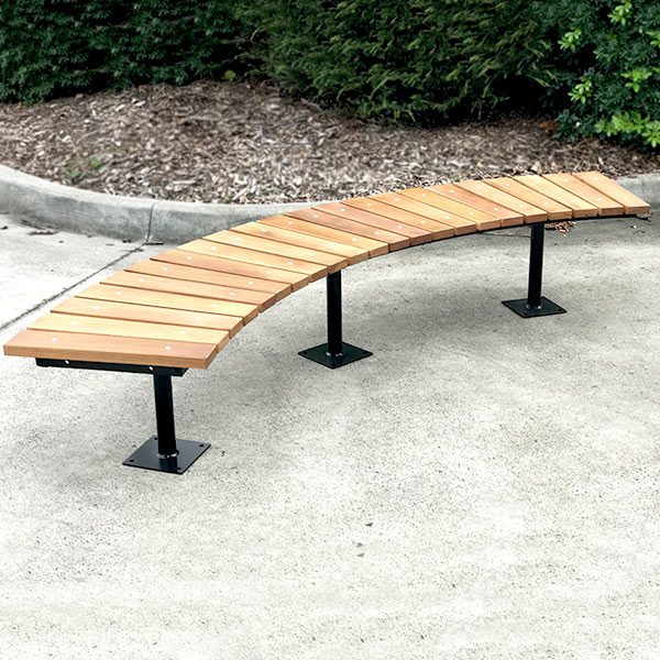 Tapered hardwood battens form a curved bench