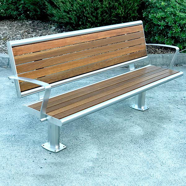 Brisbane Seat with Back, stainless steel with timber inlays