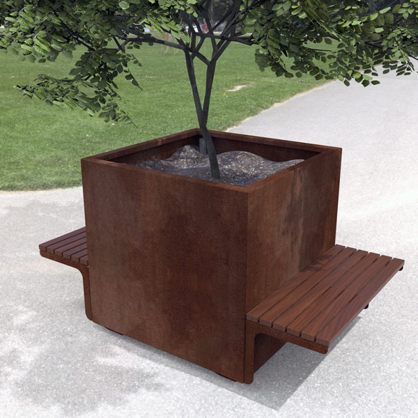 Weathering steel and spotted gum planter with seat