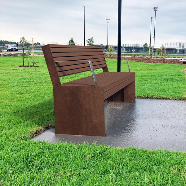 Weathered Steel Hobart Park Seat with Stainless Steel Armrests