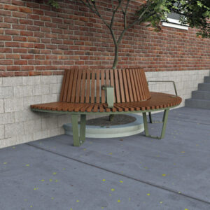 Semi-circular tree seat encircles a tree, set against a brick wall.