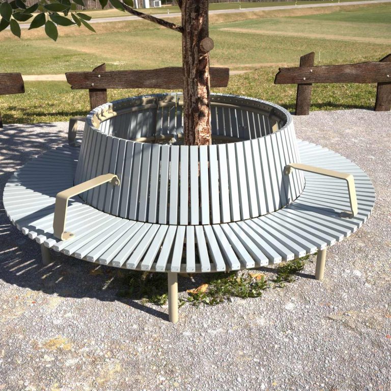 Round Park Seat surrounding a tree with open park space in background in Westmead NSW