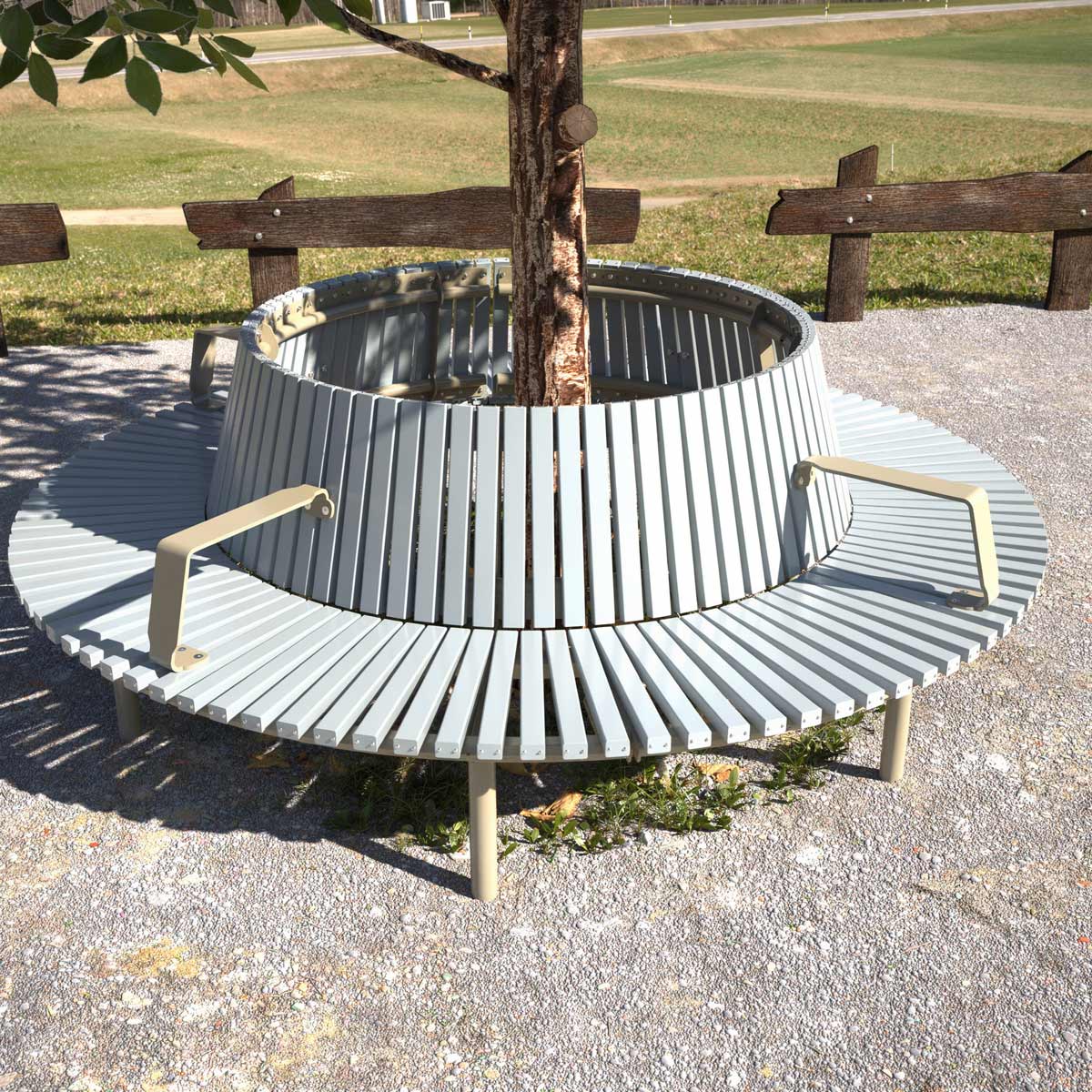 Round Park Seat surrounding a tree with open park space in background in Westmead NSW