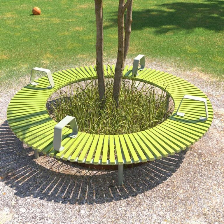 Round Aluminium Bench surrounding a tree in a school ground play field