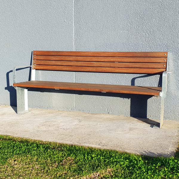 Commercial outdoor seat with back, spotted gum, galvanised frames