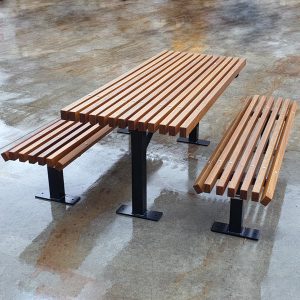 Knox Table Setting, timber tops, powdercoated and galvanised mild steel frames