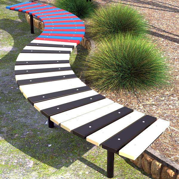 Curved park Bench, HDPE tapered battens, powdercoated frame