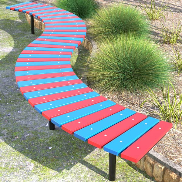 Semi-circular tree seat encircles a tree, set against a brick wall.