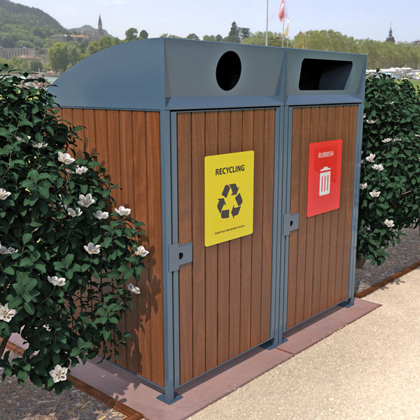 Twin 900 series timber clad bin surrounds with curved covers