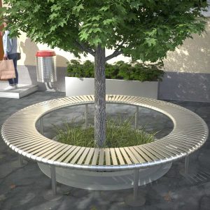 Stainless Steel Round Tree Bench surrounding a small maple tree located in a business park in Adelaide