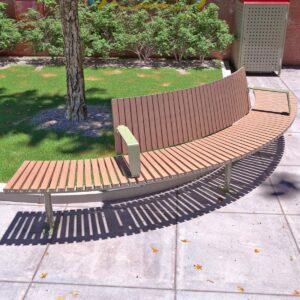 Convex Outdoor Seating under a tree in a courtyard with small shrubs and a bin surround against a wall