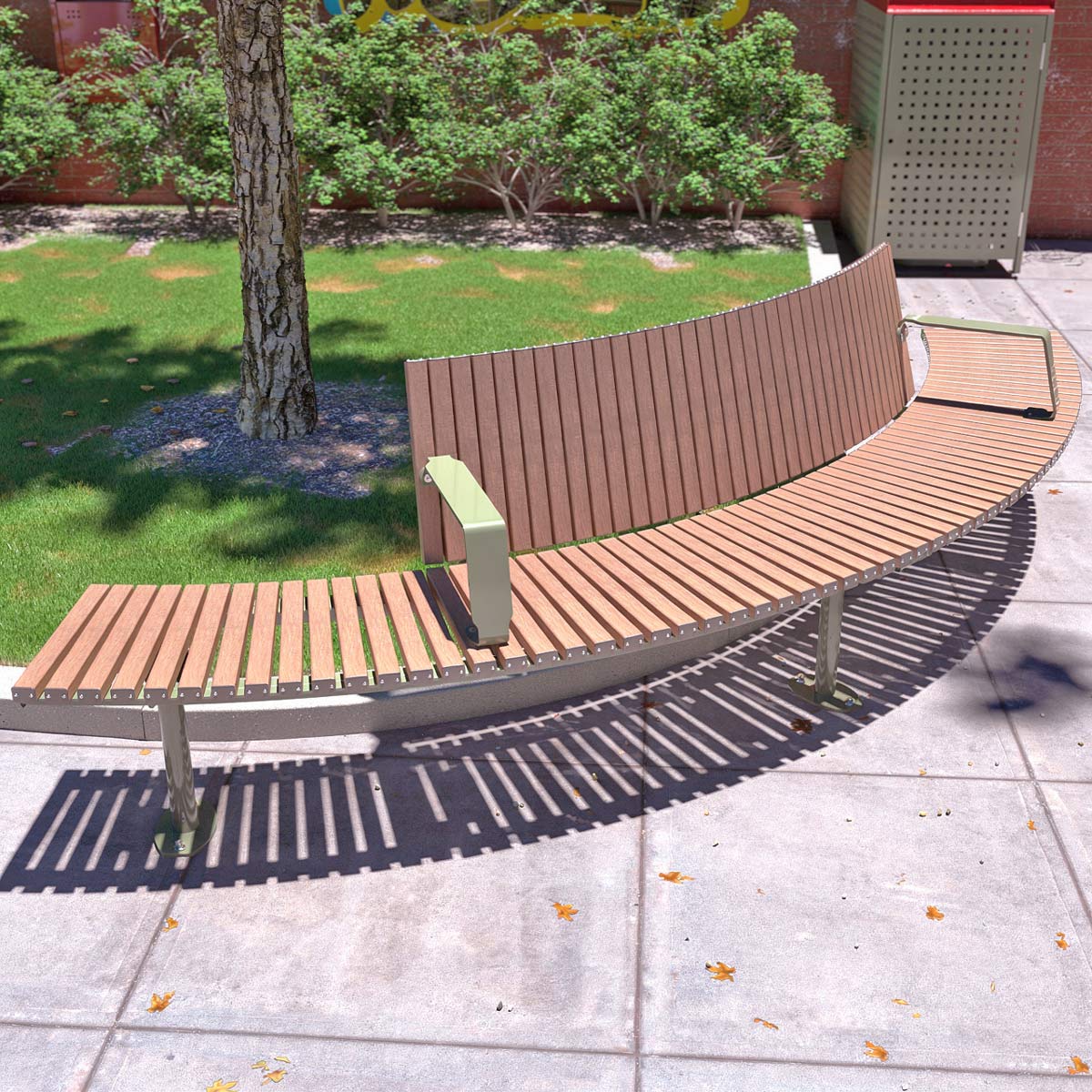 Convex Outdoor Seating under a tree in a courtyard with small shrubs and a bin surround against a wall
