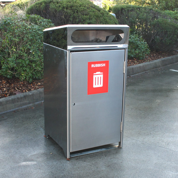 Stainless steel bin surround with powdercoated frogmouth cover