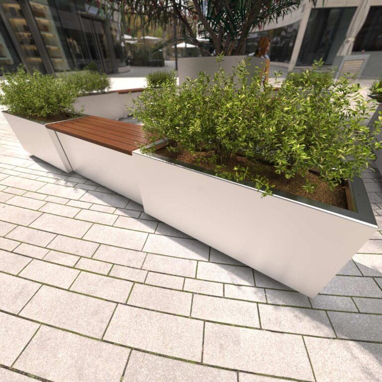 Hamilton Commercial Planters and Benches in a business park courtyard