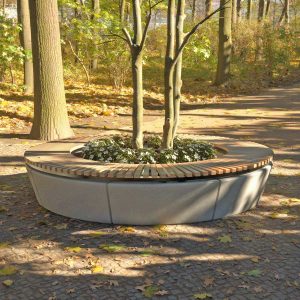 Wandin circular tree seats in an autumn swept park