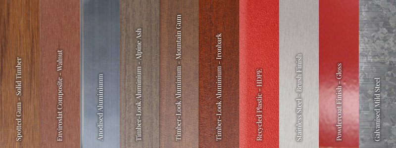 A vertical array of eleven labelled swatches of low-maintenance outdoor furniture materials.