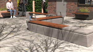 Outdoor courtyard with concrete benches and wooden battens, and tree shadows on the ground.