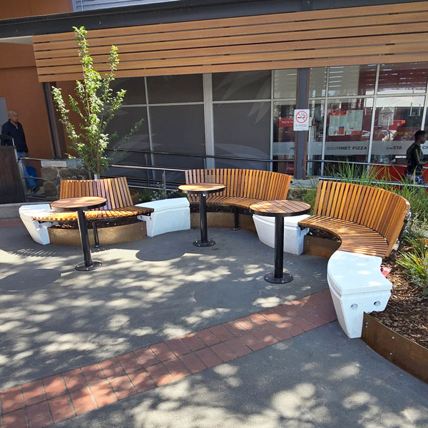 Timber and concrete modular seat at Manor Lakes Shopping Centre