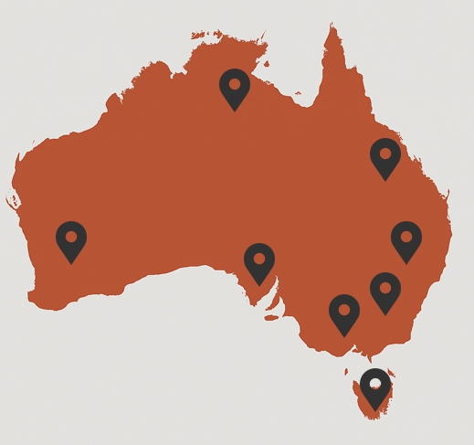 An outline of Australia with pins on capital cities to show where Draffin Street Furniture provides services.