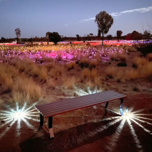 A freestanding park bench installed in the Field of Light exhibition in Uluru.