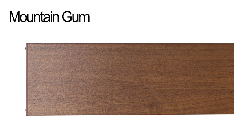 A horizontal plank of timber-look aluminium in Mountain Gum finish. The plank has a smooth, rich grain. There is black text saying "Mountain Gum" on a white background.