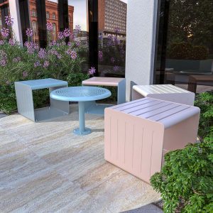 Cozy outdoor social space with stools and coffee table for coffee and catchups in Sydney