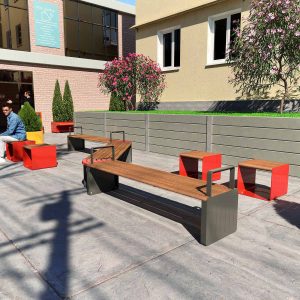 Outdoor benches and stools at a university campus in Perth