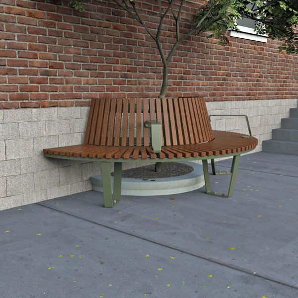 A semi-circular timber tree seat circles a tree, set against a brick wall.