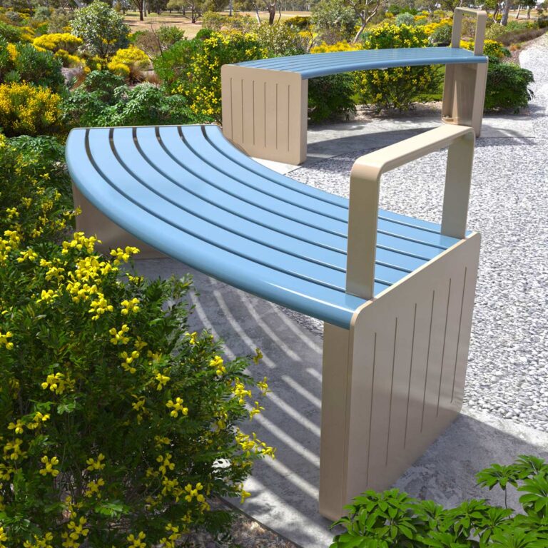 Curved Aluminium Public Bench Overlooking an Australian Native Garden Scape