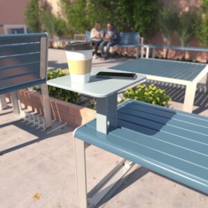 Small accessory table mounted to a park bench