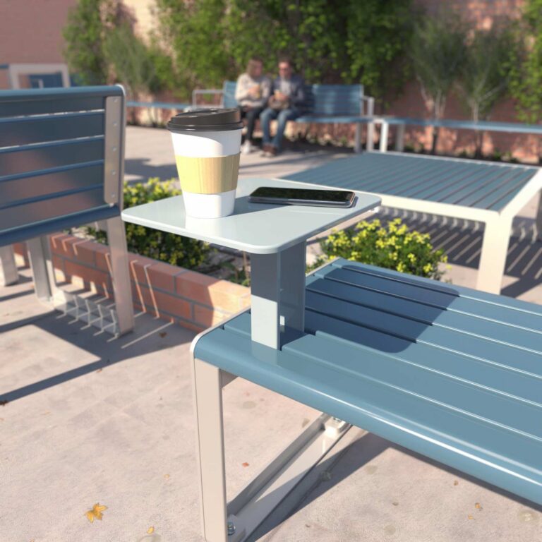 Small accessory table mounted to a park bench